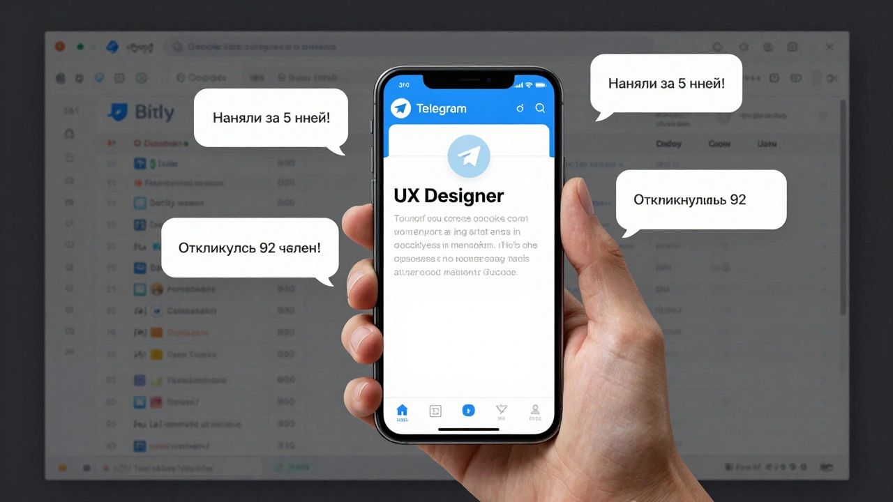 Смартфон показывает вакансию для UX-дизайнеров, вокруг — отзывы компаний и данные аналитики в прозрачном слое.