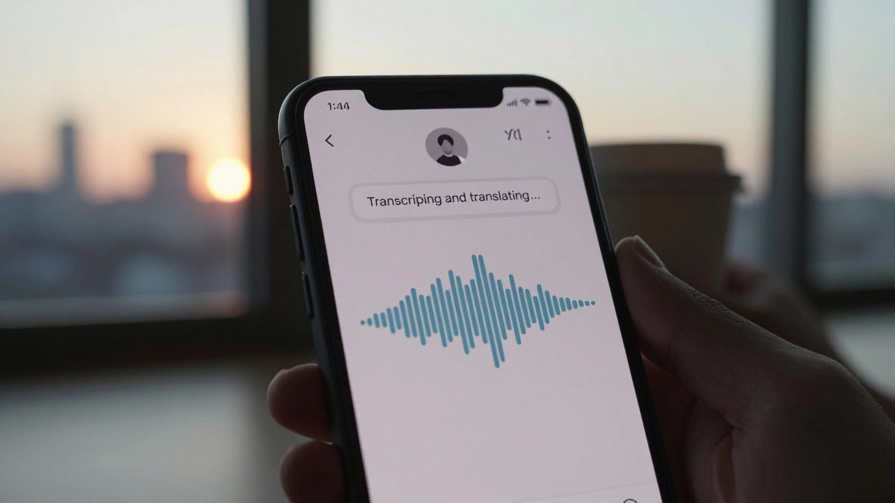 Смартфон с анимацией перевода голосового сообщения и рассветом за окном.