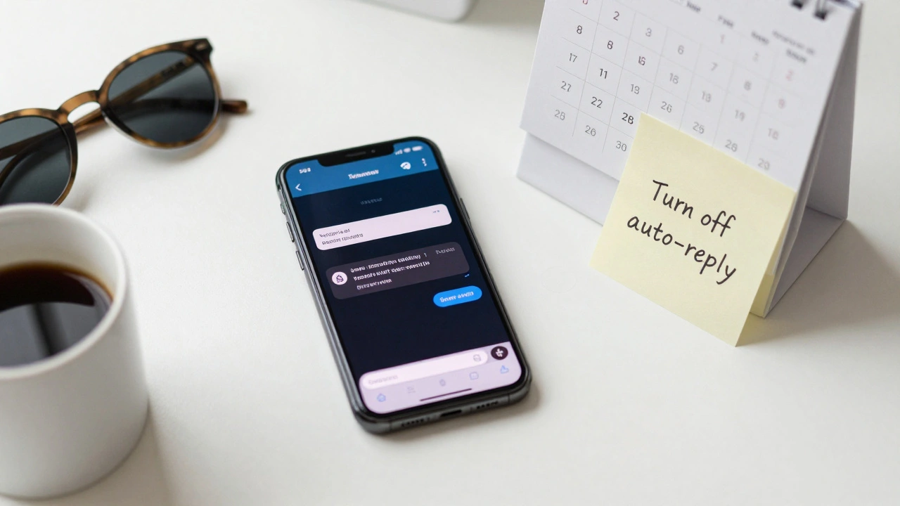 Смартфон с автоответом в Telegram и календарем с датой отключения на столе.