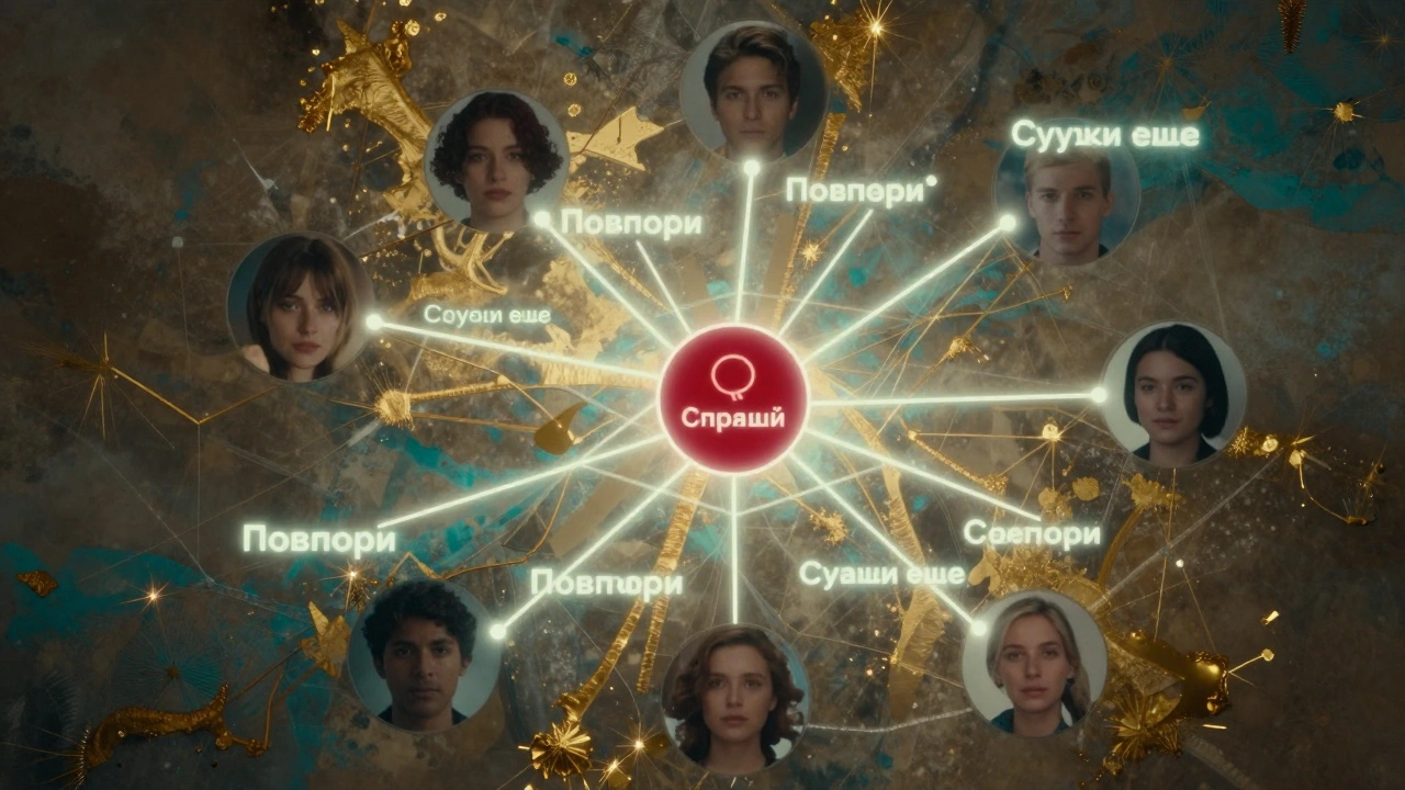 Социальная сеть из лиц, связанных реакциями 'Повтори' и 'Скажи ещё', с одной скрытой связью.