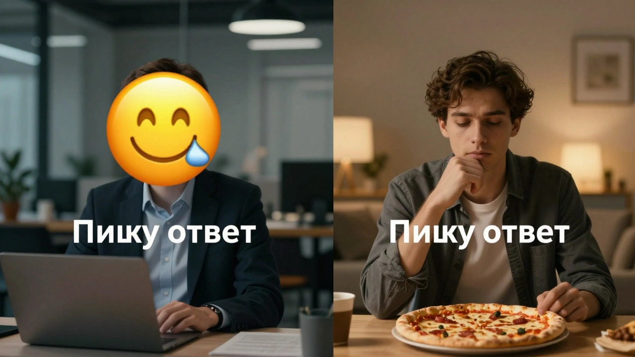Сравнение двух состояний: человек с эмодзи 📊 на работе и 🍕 дома — одинаковый статус, разное восприятие.