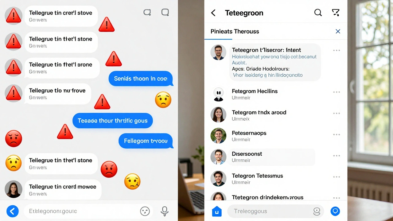 Сравнение хаотичного чата слева и упорядоченного — справа, с ботом и модераторами.
