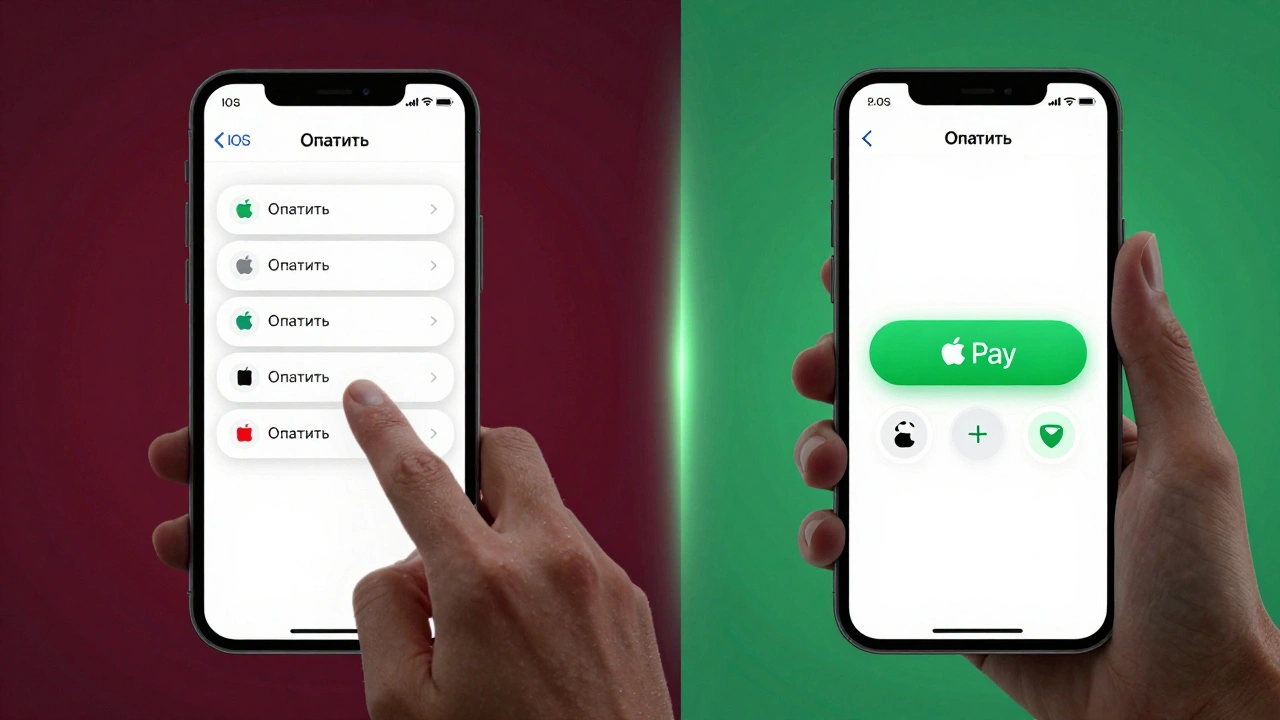Сравнение интерфейса оплаты до и после улучшения с добавлением Apple Pay