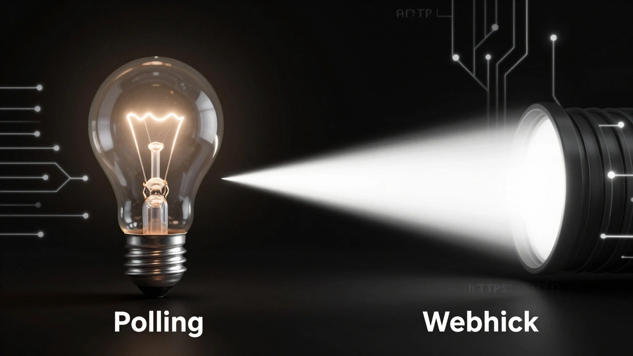 Сравнение: мерцающая лампочка 'Поллинг' и стабильный световой луч 'Вебхук', проходящий через защищенный HTTPS-туннель.