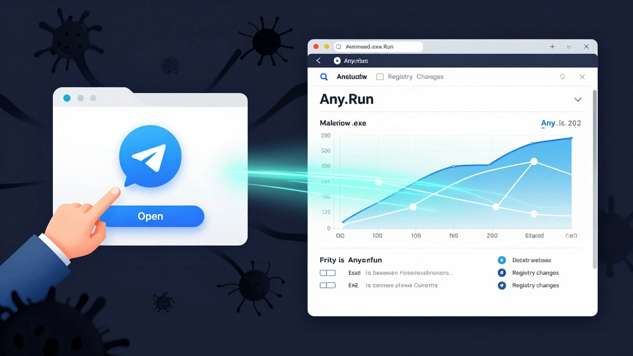 Сравнение опасного открытия файла в Telegram и безопасного анализа в браузере через Any.Run.