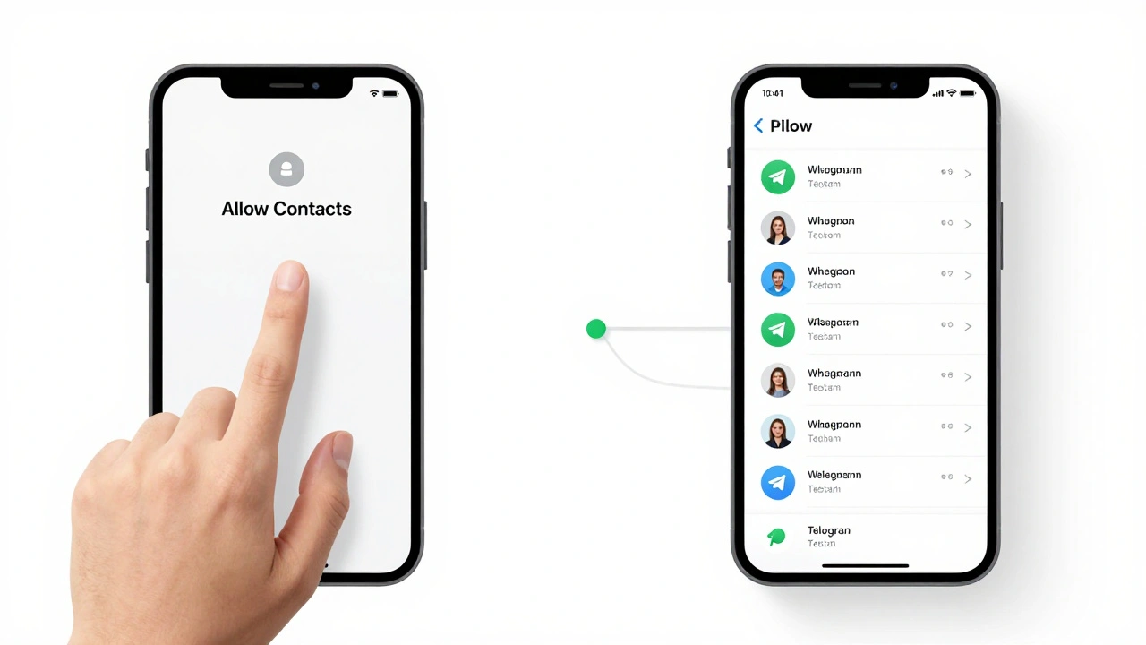 Сравнение разрешения доступа к контактам и их синхронизации в Telegram на экране телефона.