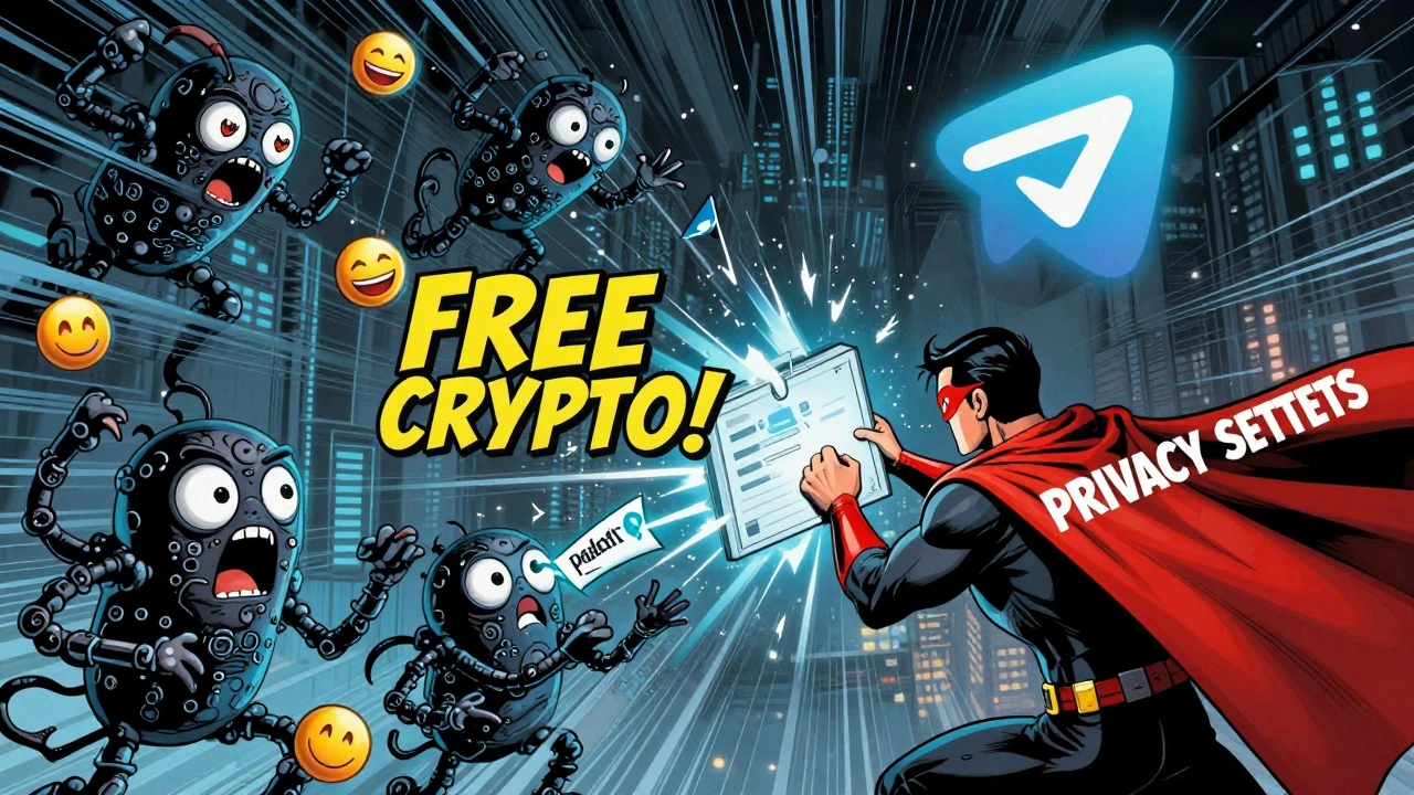 Супергерой в стиле комикса сражается с ботами-спамерами, выпускающими ссылки и эмодзи, фон — киберпанк-город.