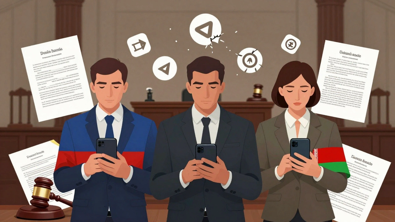 Три человека из разных стран с телефонами и Telegram, вокруг них — юридические символы и разрушенные прокси, символизирующие риски.