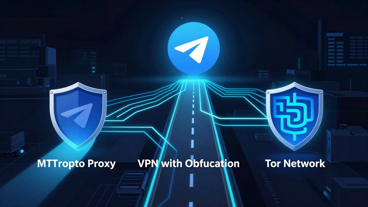 Три цифровых пути — MTProto, VPN и Tor — ведут к логотипу Telegram в стиле киберпанк.