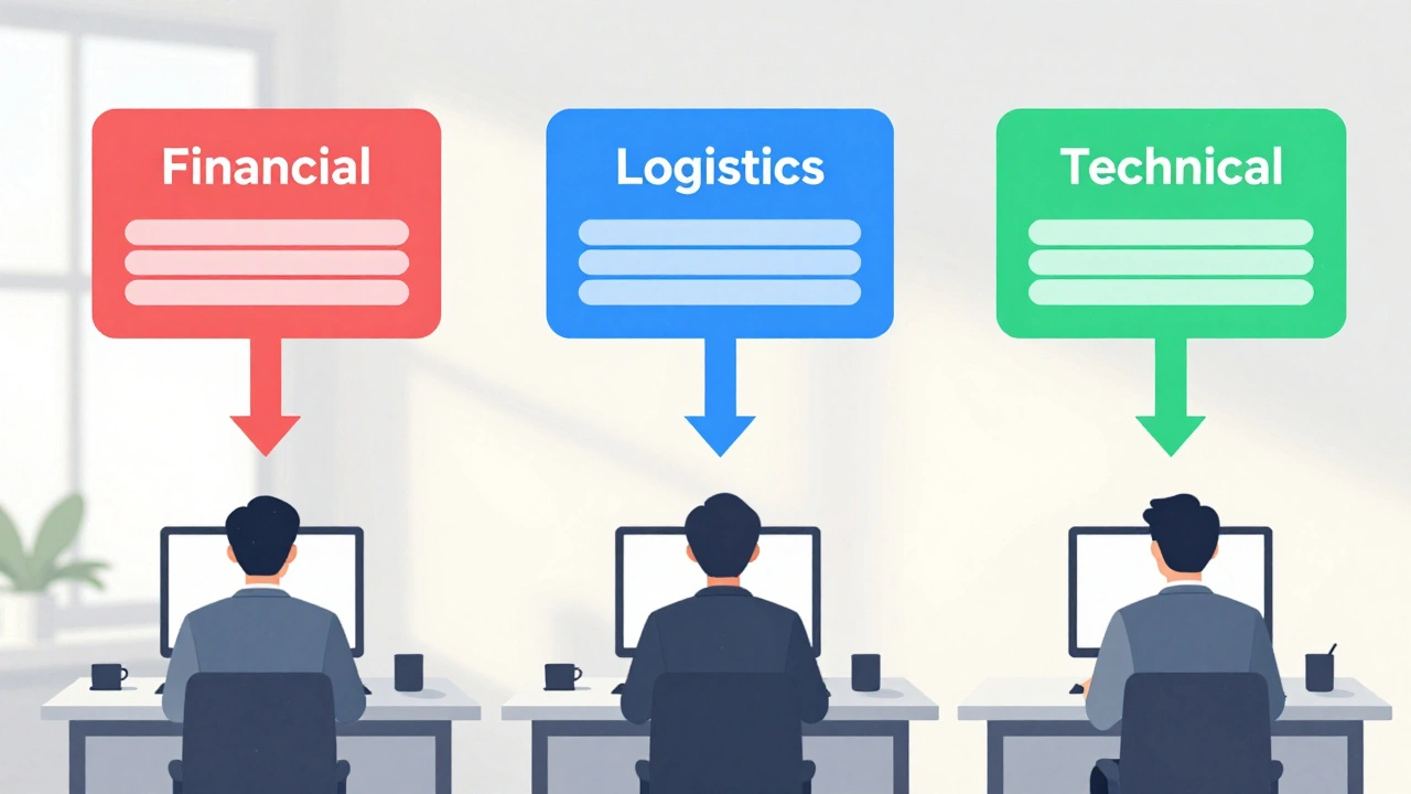 Три цветные очереди сообщений в Telegram, направляющиеся к трем операторам за столами.