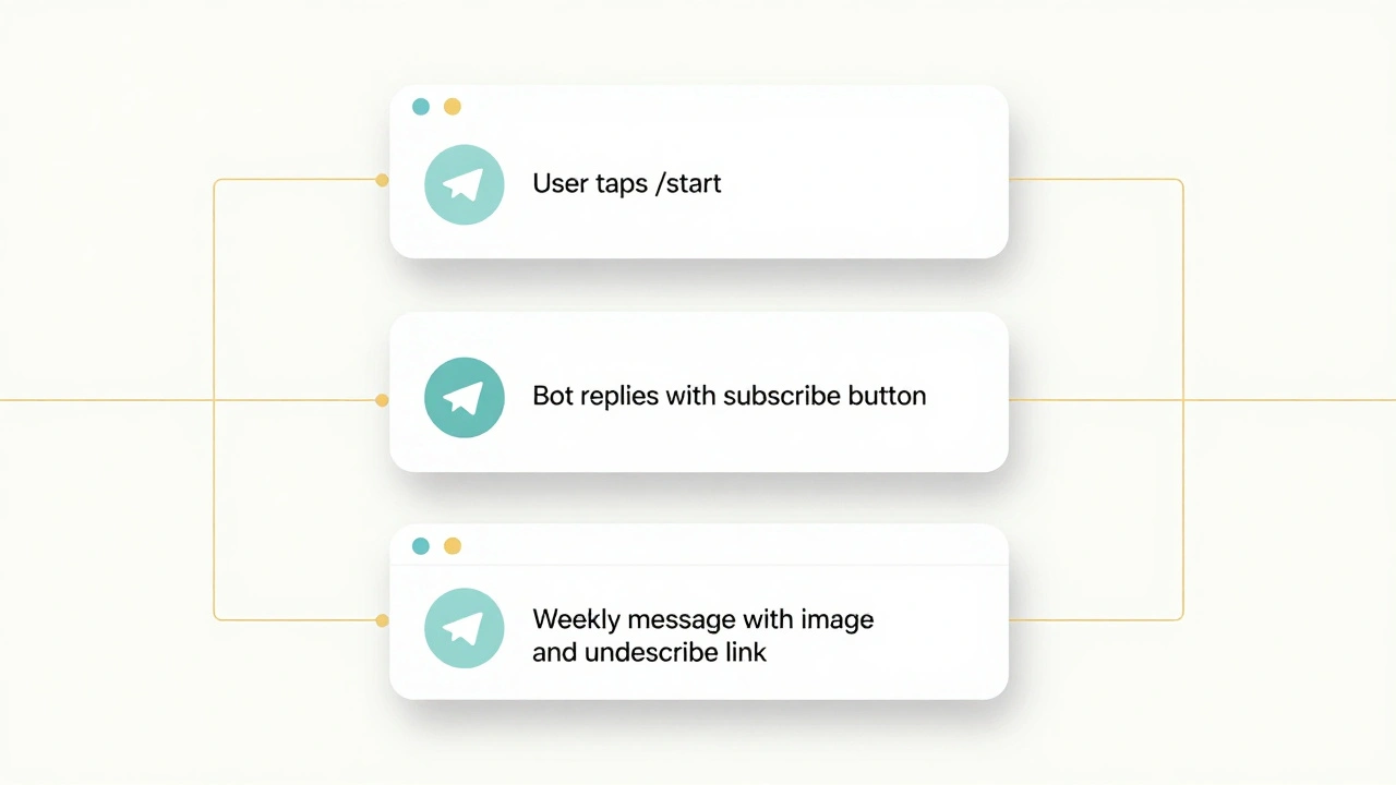 Три этапа легальной рассылки в Telegram: подписка, сообщение, отписка — изображены как чистые шаги.