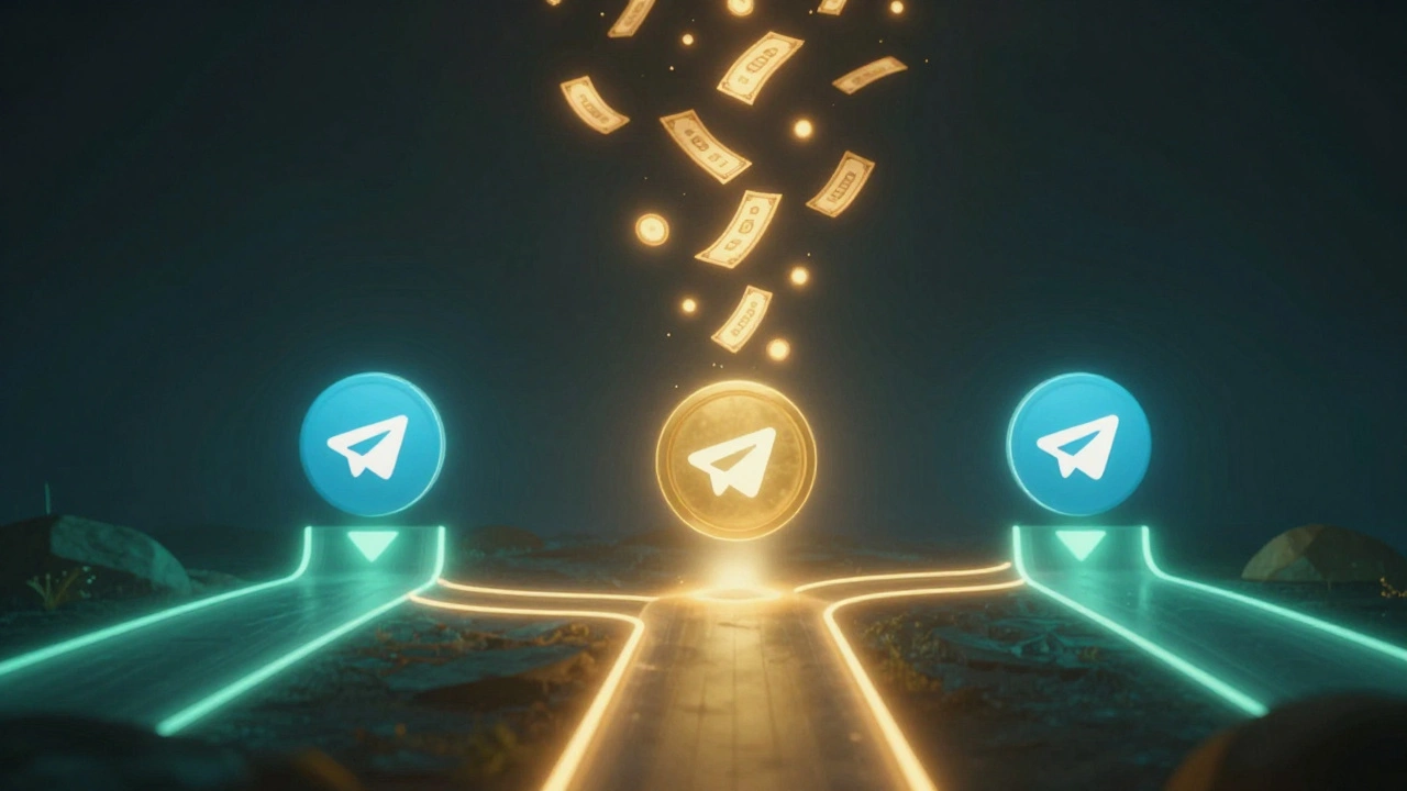 Три канала Telegram сходятся в золотой реферальной ссылке, превращающейся в денежные символы.