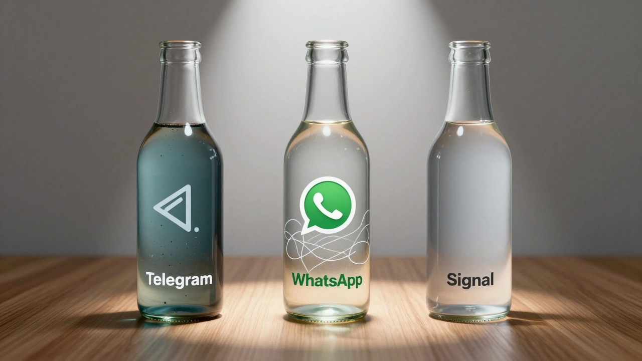 Три прозрачные бутылки с разными типами данных, символизирующие уровни приватности мессенджеров.