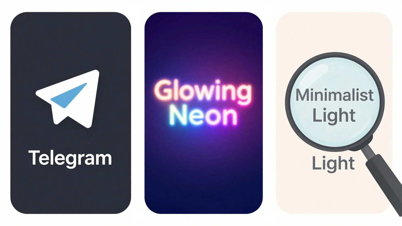Три темы Telegram: стандартная, неоновая и минималистичная — сравнение читаемости текста.