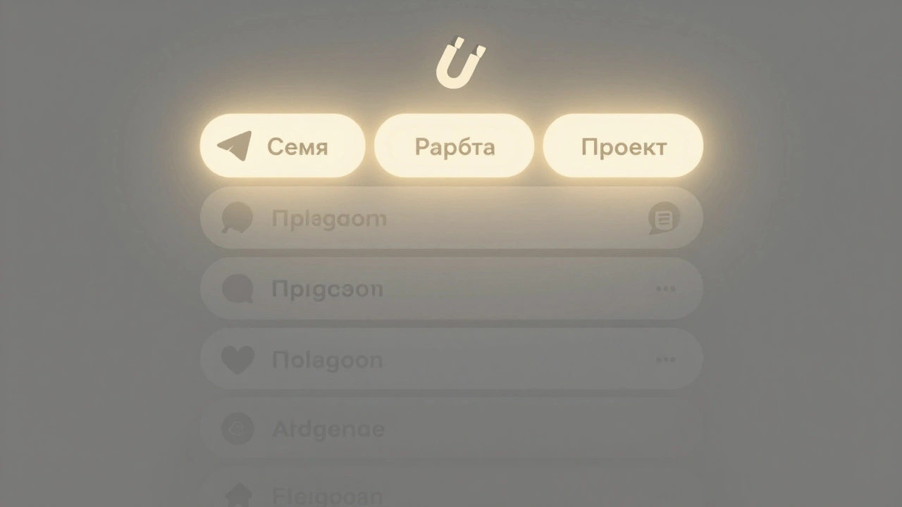 Три закреплённых чата светятся вверху списка, остальные — в тени.