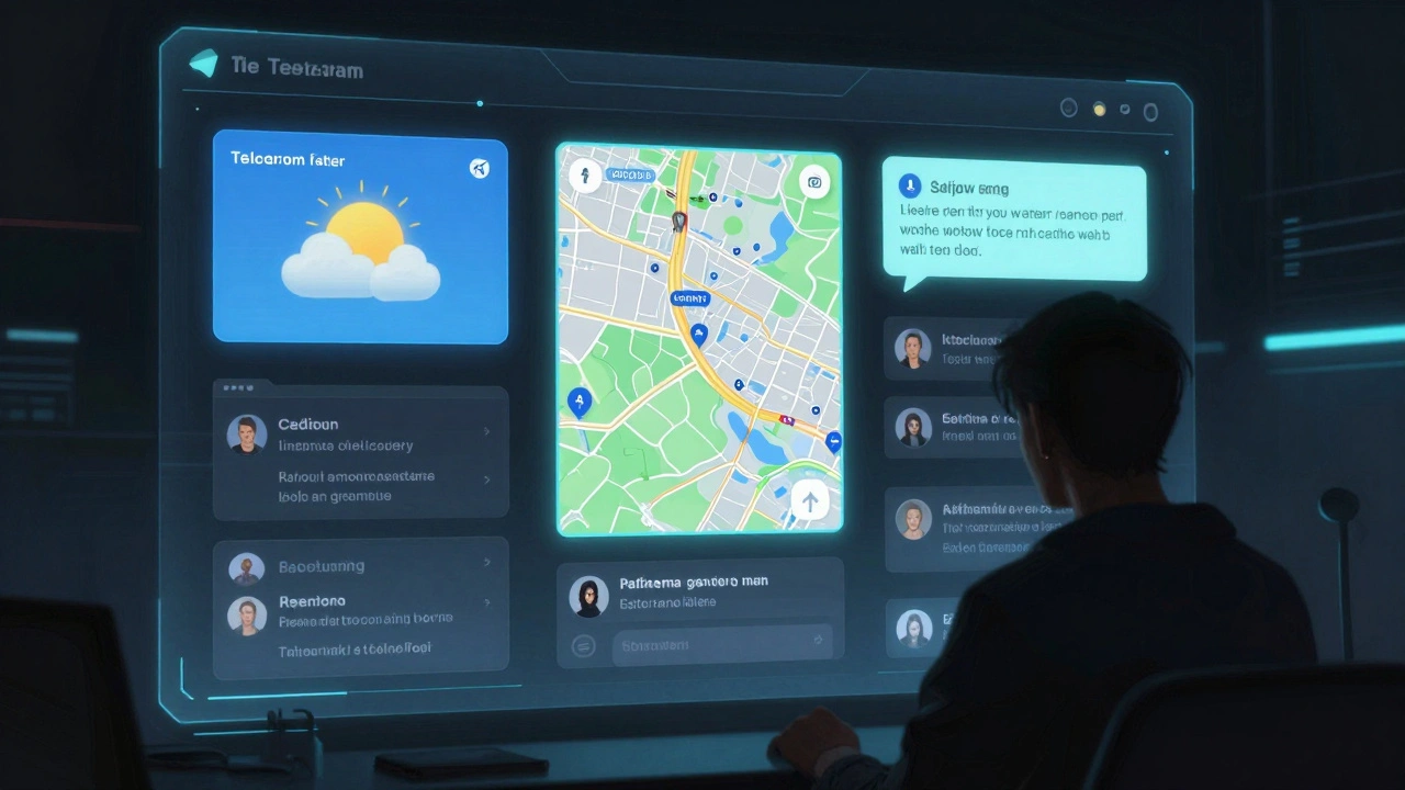 В чате Telegram: карточка погоды, карта и перевод всплывают как голографические элементы.