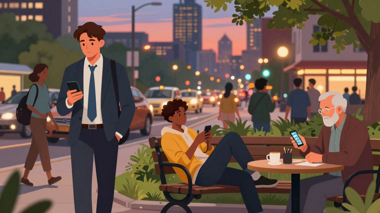 Вечерняя активность: разные люди проверяют Telegram на улице, в парке и в кафе в 19:00.