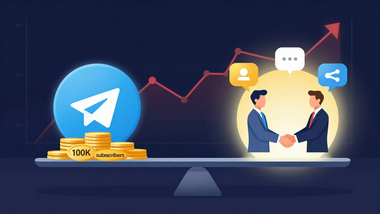 Весы, сравнивающие каналы с фейковыми подписчиками и реальной вовлеченностью, с графическими символами доверия и спама.