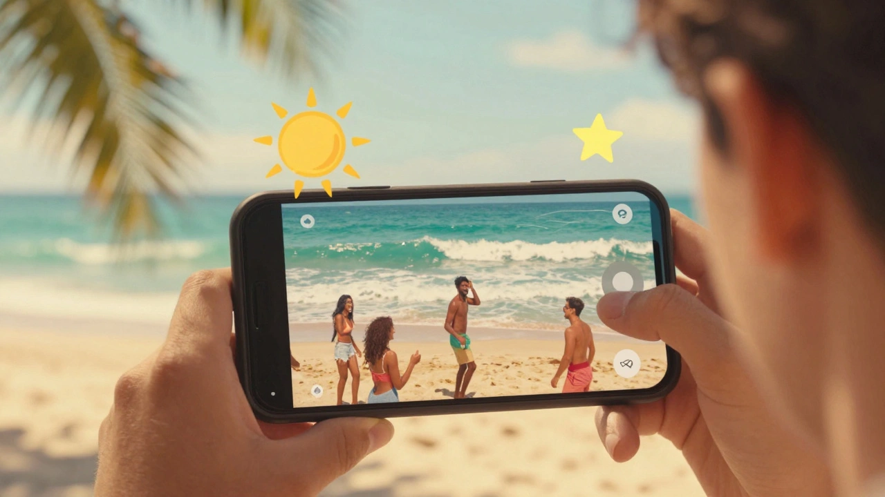 Видео на телефоне с винтажным фильтром и анимированными стикерами на пляже.