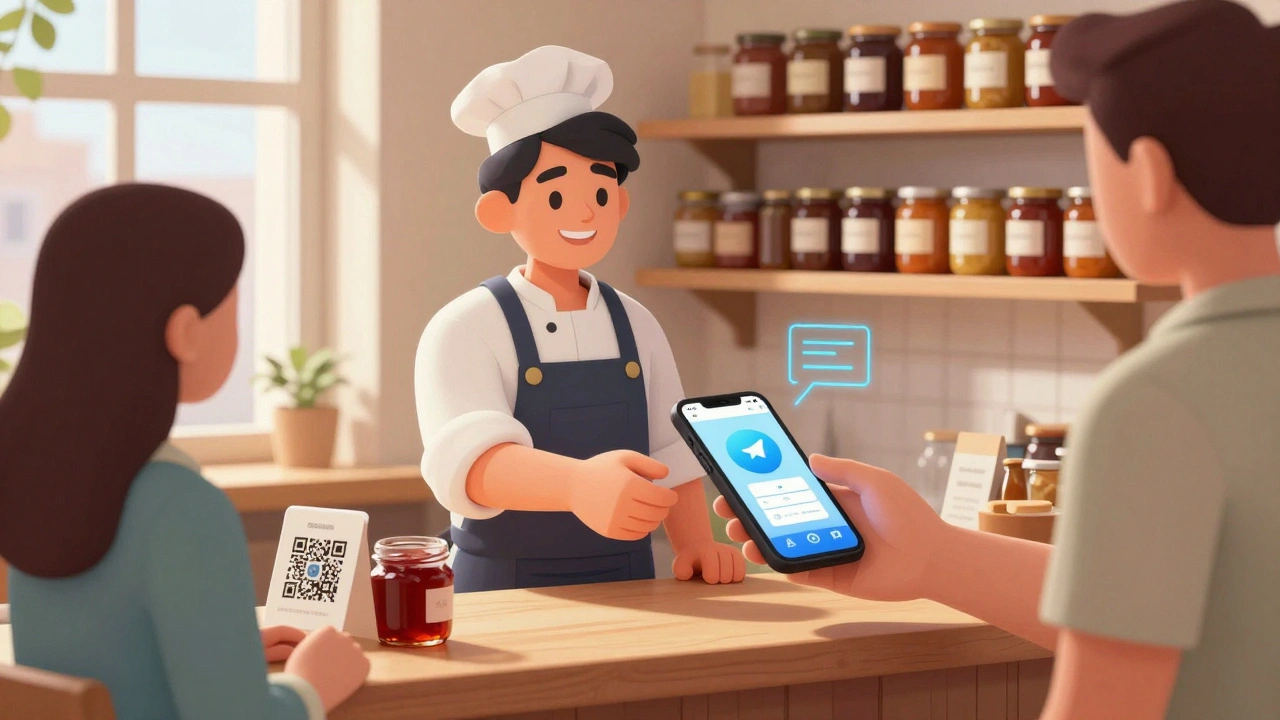 Владелица пекарни получает оплату за варенье через Telegram Stars, на экране телефона — подтверждение транзакции.