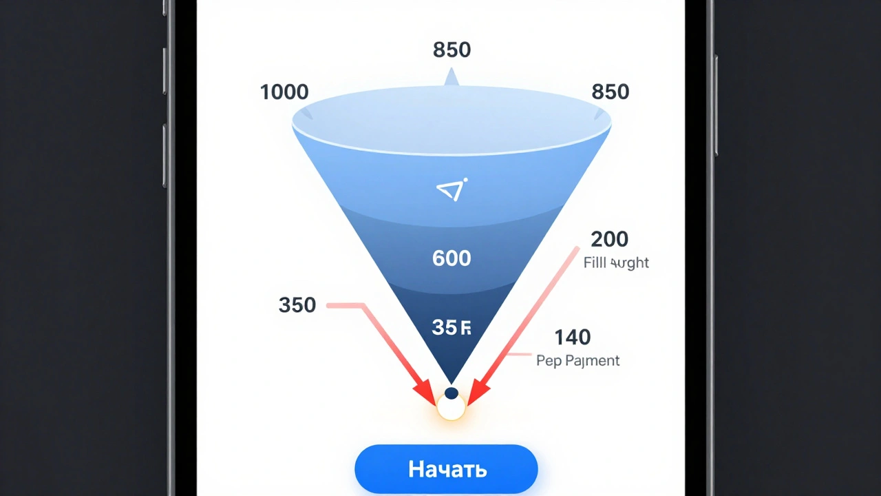 Воронка конверсии пользователей в Mini App Telegram с этапами от входа до оплаты