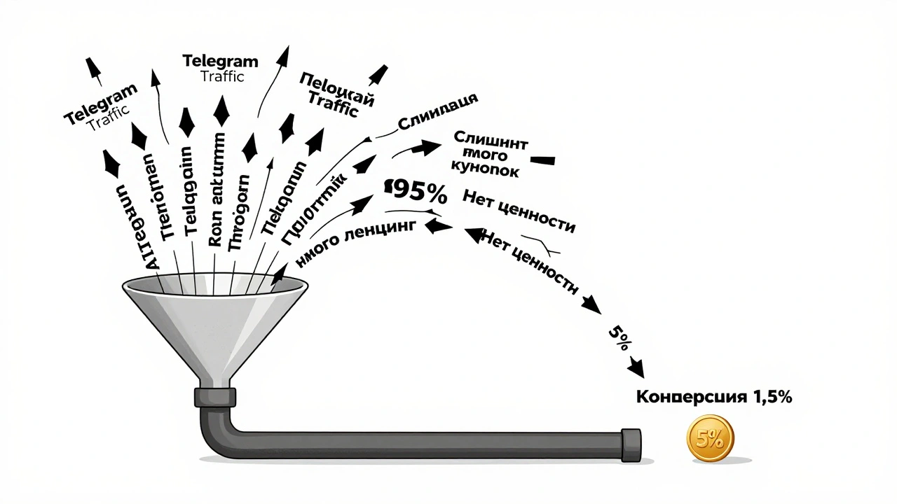Воронка трафика из Telegram, где большинство пользователей теряются, а лишь немногие конвертируются