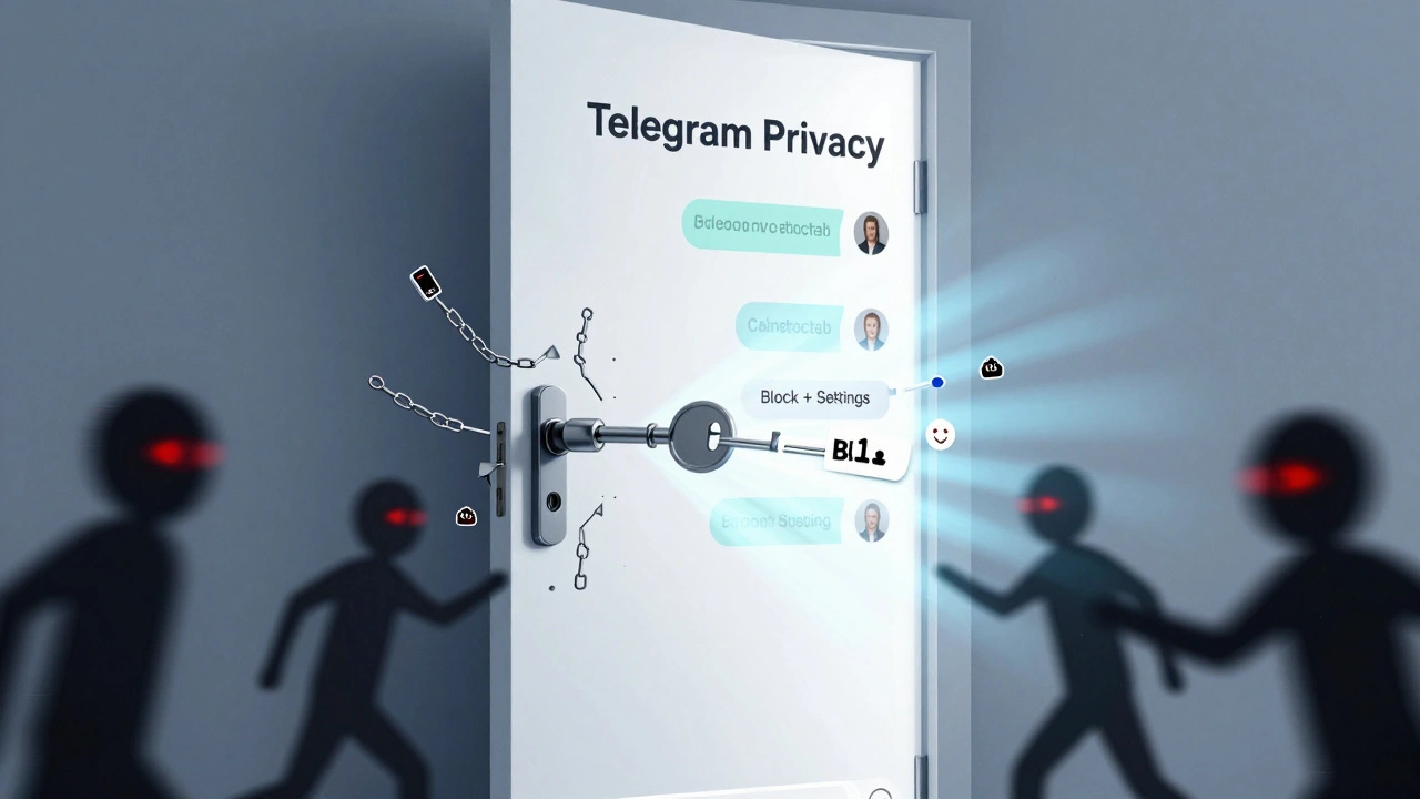 Заблокированная дверь с надписью 'Приватность Telegram', за ней — спокойный чат, спамеры застряли в тени.