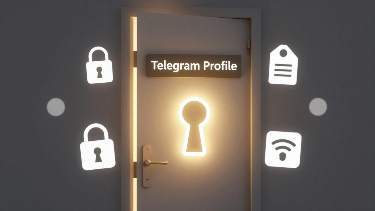 Закрытая дверь профиля Telegram с ключом в виде номера телефона и символами безопасности.