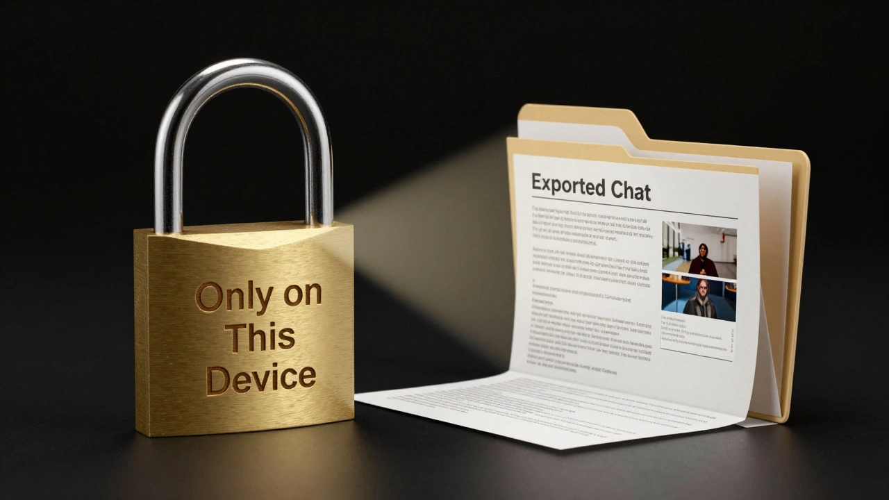 Замок с надписью 'Только на этом устройстве' рядом с экспортированным чатом в формате HTML.