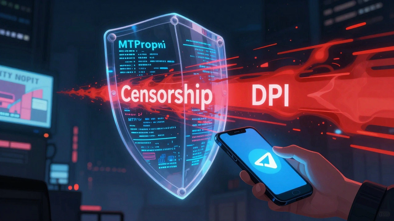 Защитный щит из зашифрованных данных отражает блокировки цензуры, пользователь в темном городе.