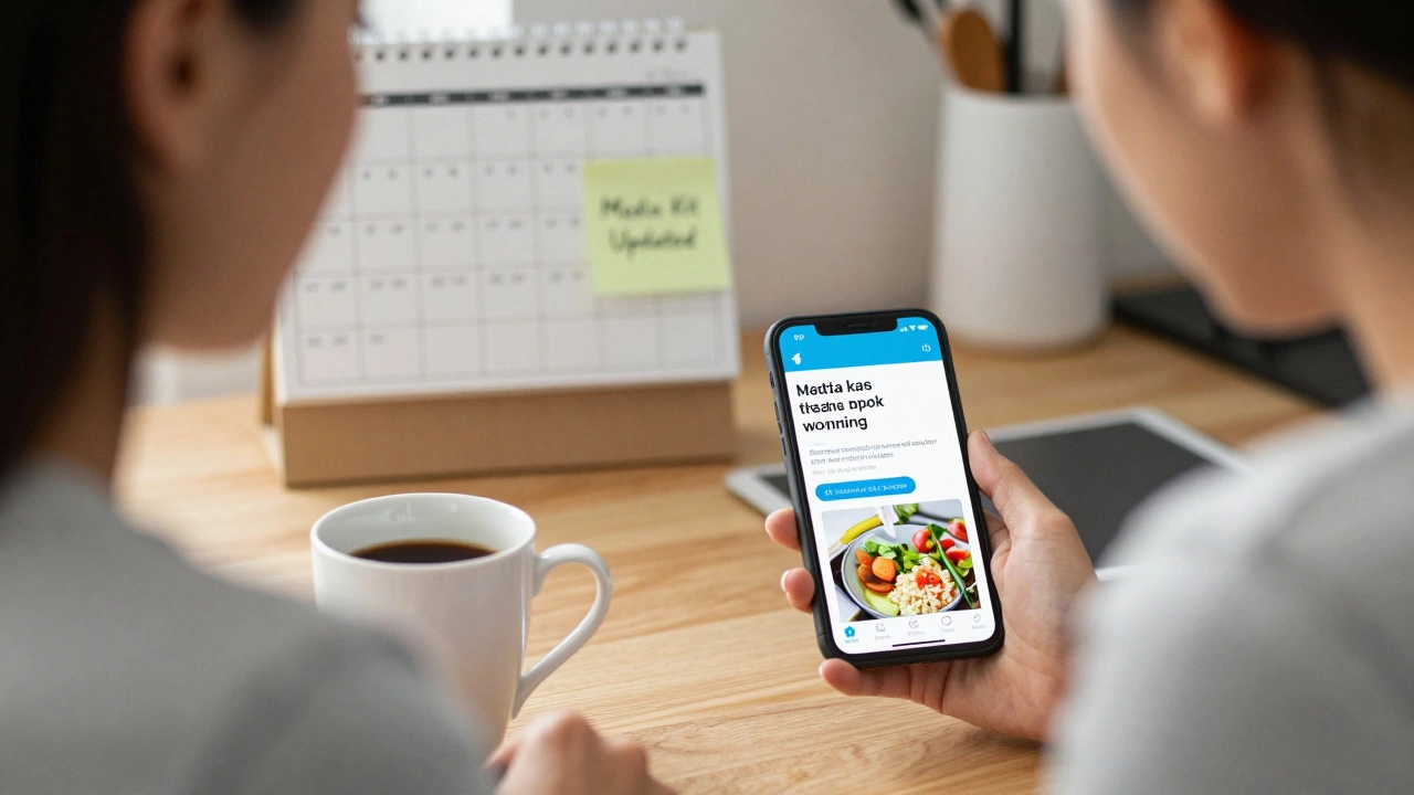 Женщина 30+ пьет кофе и читает пост о здоровом питании в Telegram утром на кухне.