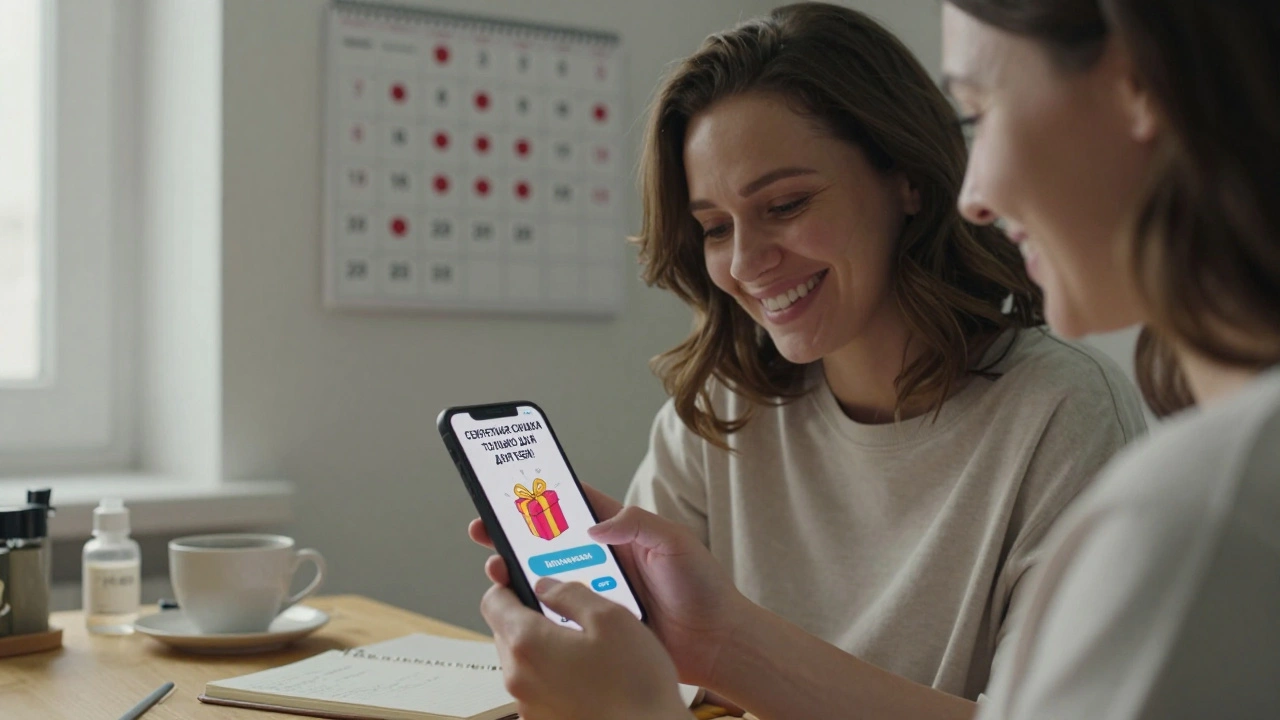Женщина смотрит на анимированное уведомление о секретной скидке в Telegram, на столе — кофе и косметика.