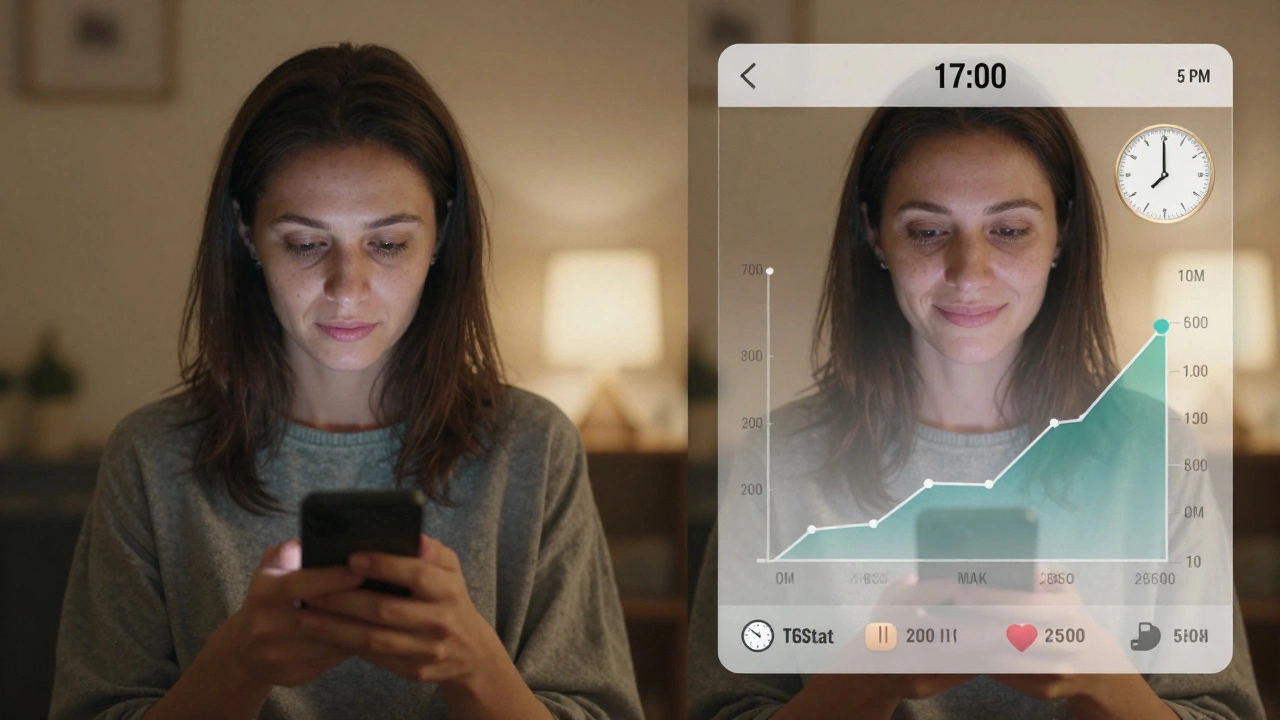 Женщина в Казани смотрит на телефон: слева — низкая активность, справа — рост просмотров в 17:00.