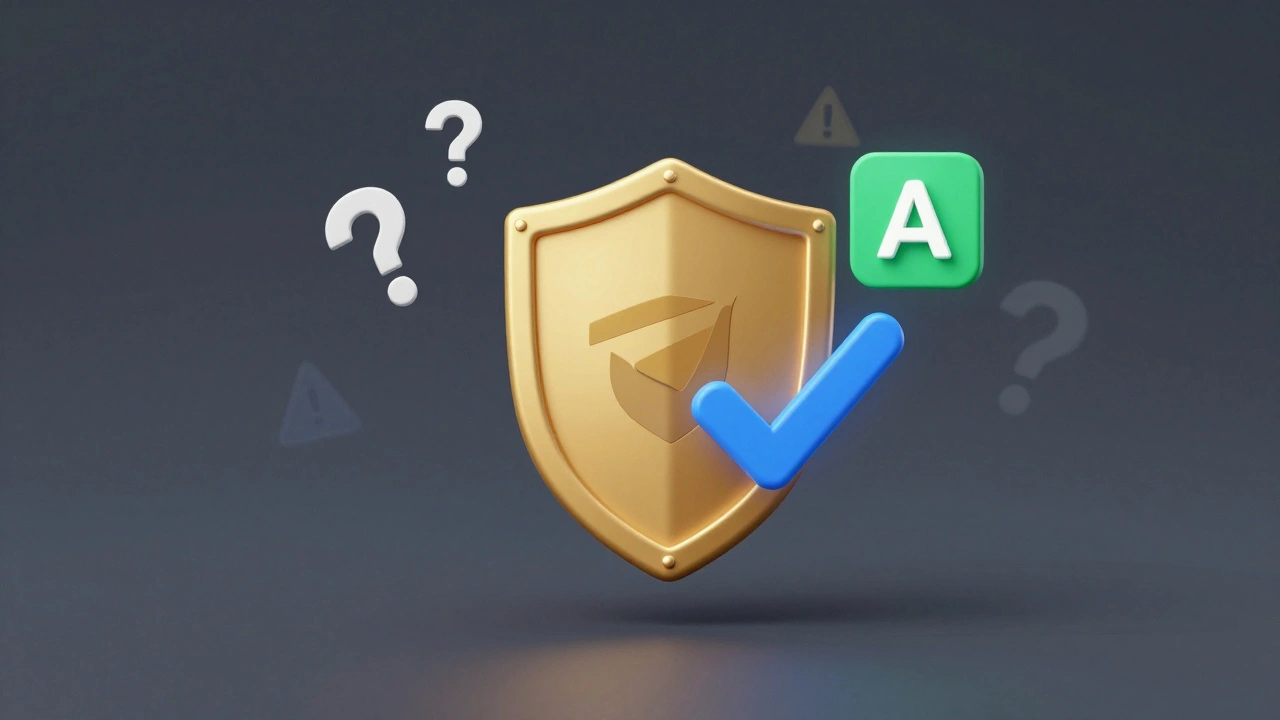 Золотой щит и синяя галочка рядом с зелёной буквой А на фоне исчезающих вопросов.
