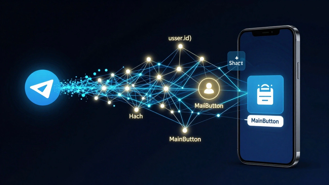 Абстрактная схема JavaScript SDK Telegram: поток кода от бота к устройству с ключевыми функциями