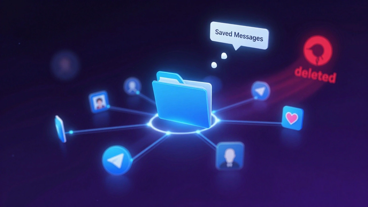 Абстрактное облако хранения Telegram с плавающими файлами, направляющимися к папке 'Сохранённые сообщения'.