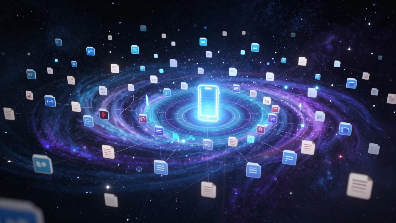 Абстрактное облако из файлов, соединённых с символом номера телефона в космосе.