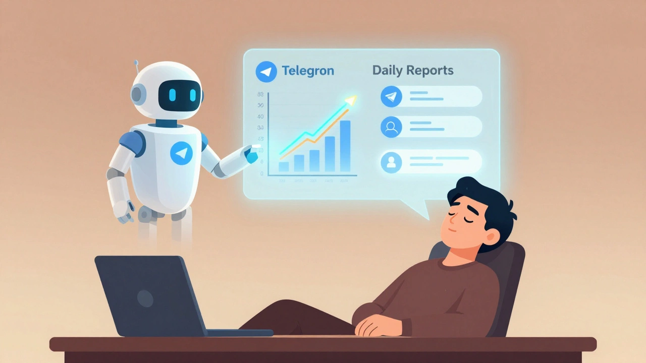 Администратор отдыхает, пока AI-бот автоматически очищает чат и генерирует отчёты в воздухе.