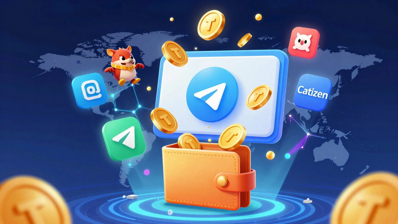 Анимированные Telegram-игры на TON выпускают золотые токены в цифровую кошельку на фоне блокчейн-сети.