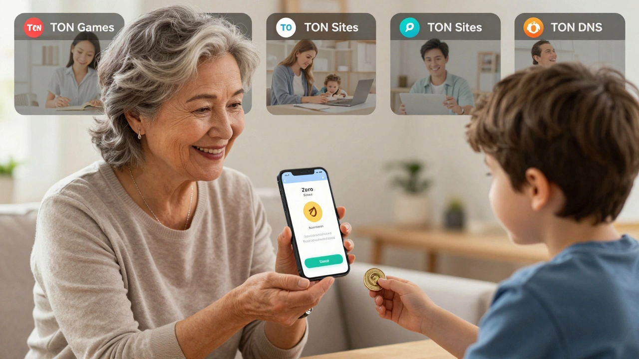Бабушка получает TON от внука в Telegram — без комиссий, без сложностей, просто и понятно.