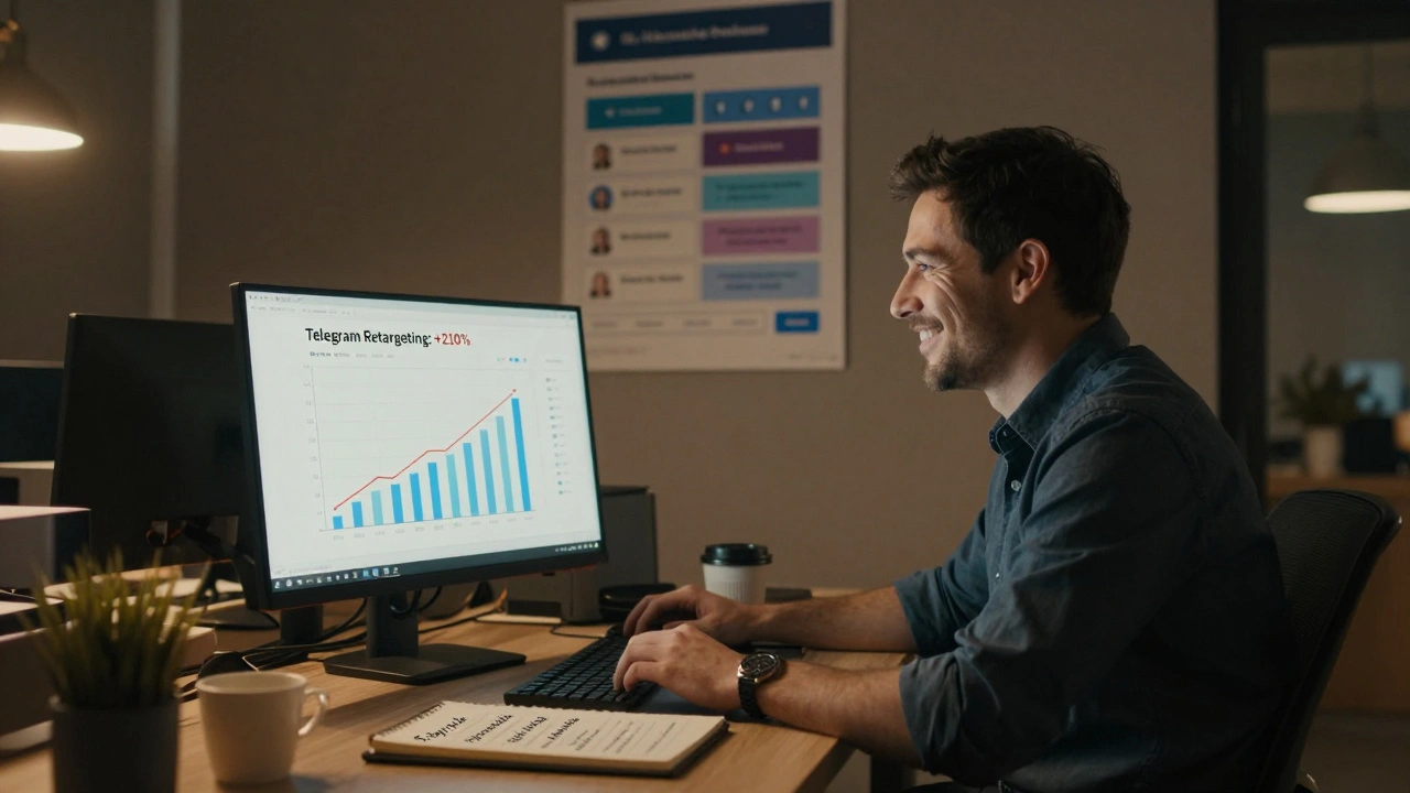 Бизнесмен смотрит на рост ROI в Telegram, на столе заметны заметки о персонализации и тестировании.