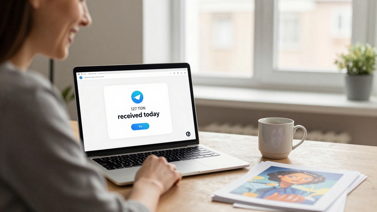 Бизнесмен в России смотрит на автоматический отчёт о поступлениях TON в Telegram.