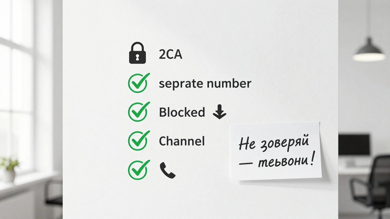 Чек-лист на стене с пятью проверенными мерами защиты бизнеса от кибератак через Telegram.