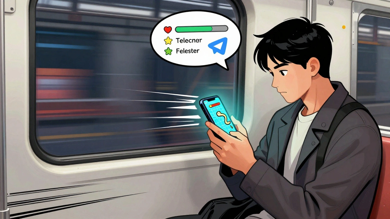 Человек играет в мини-игру в метро, экран телефона светится яркими цветами.