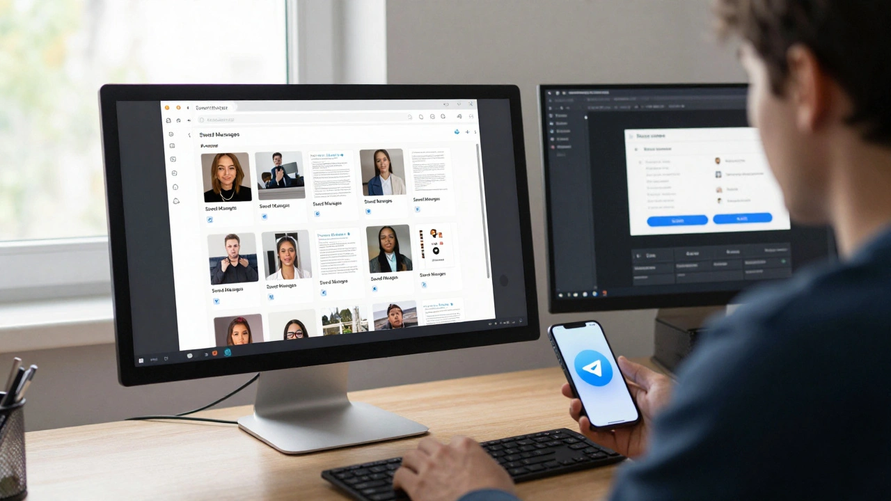 Человек на компьютере с Telegram, файлы синхронизируются с телефоном на столе.