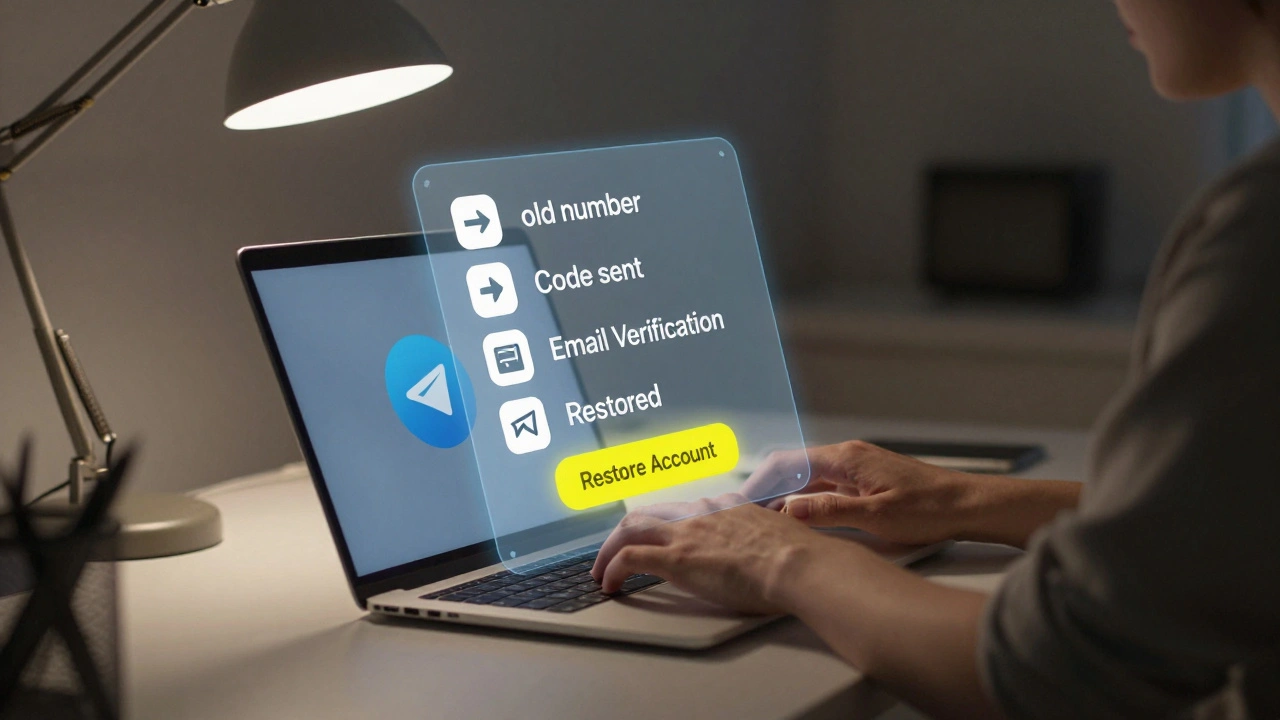 Человек на ноутбуке видит голографическую схему восстановления аккаунта Telegram.