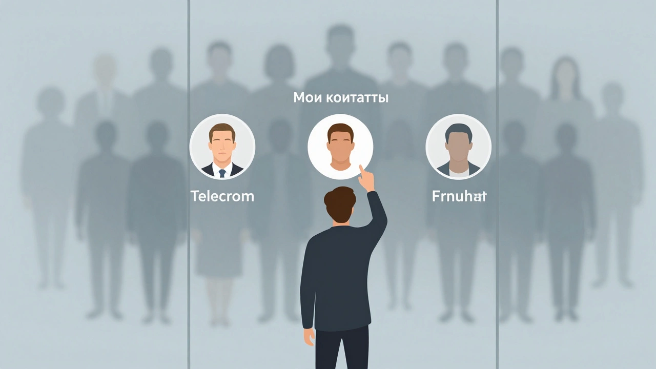 Человек перед стеклом, за которым сотни лиц видят его фото профиля, пока он меняет настройки приватности.