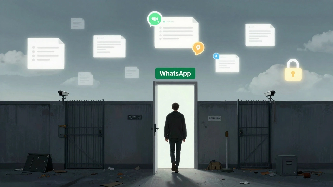 Человек переходит от ограниченного WhatsApp к свободному Telegram в символическом ландшафте.