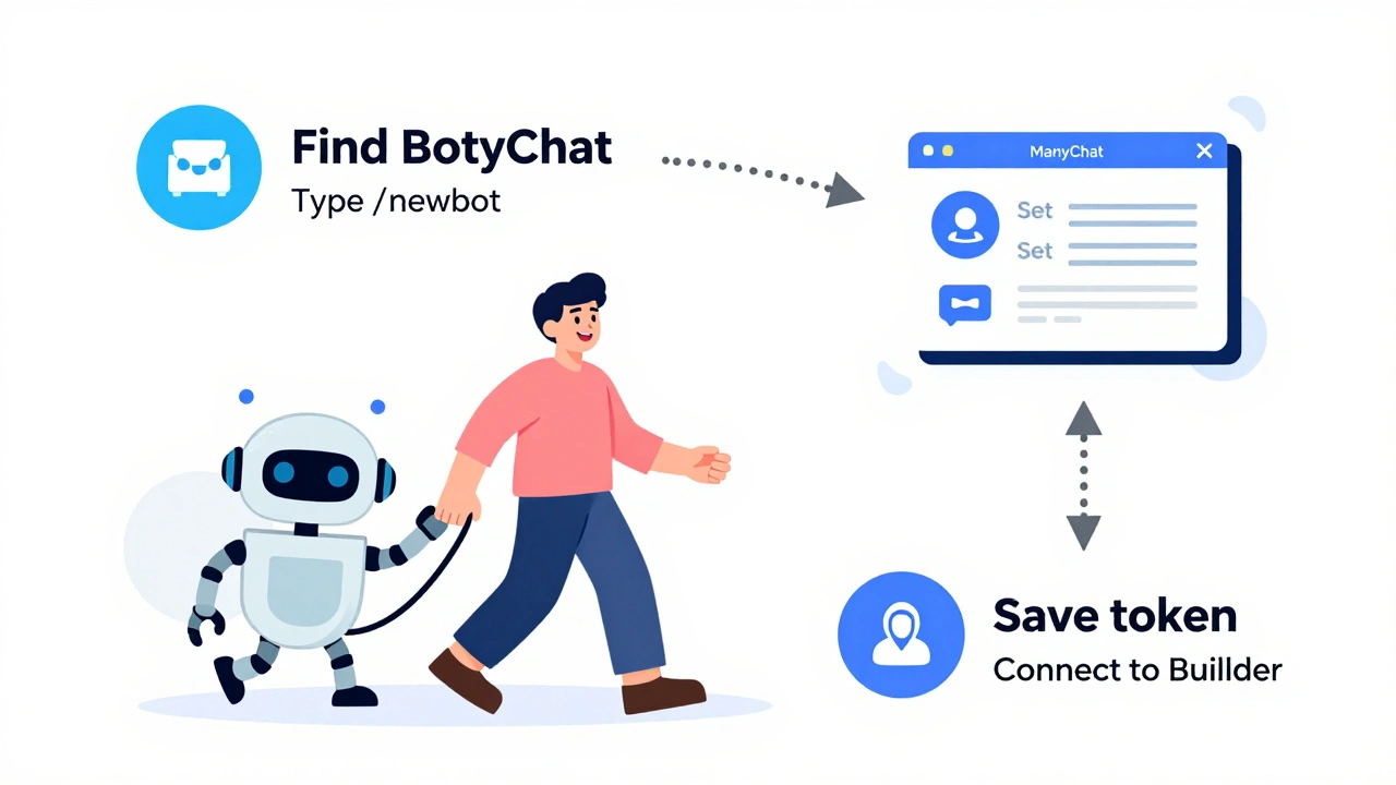 Человек перетаскивает бота из BotFather в конструктор ManyChat, визуальные шаги создания бота без текста.