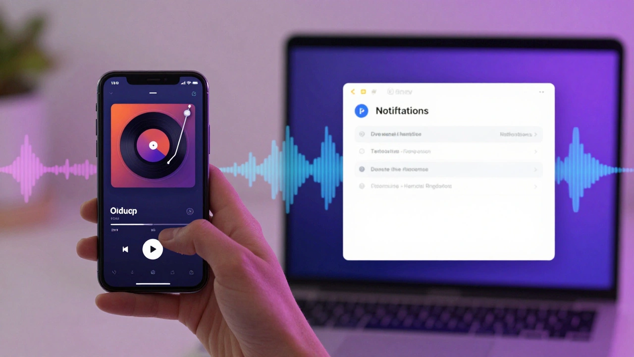 Человек редактирует аудиофайл на телефоне, а на компьютере виден файл в папке уведомлений.